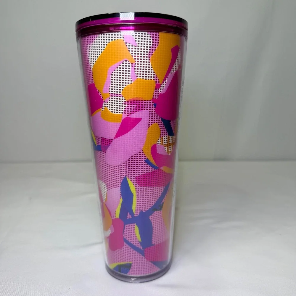 Starbucks Pink Floral Mesh Venti Cold Cup Tumbler 24oz Double‎ Wall Travel Mug